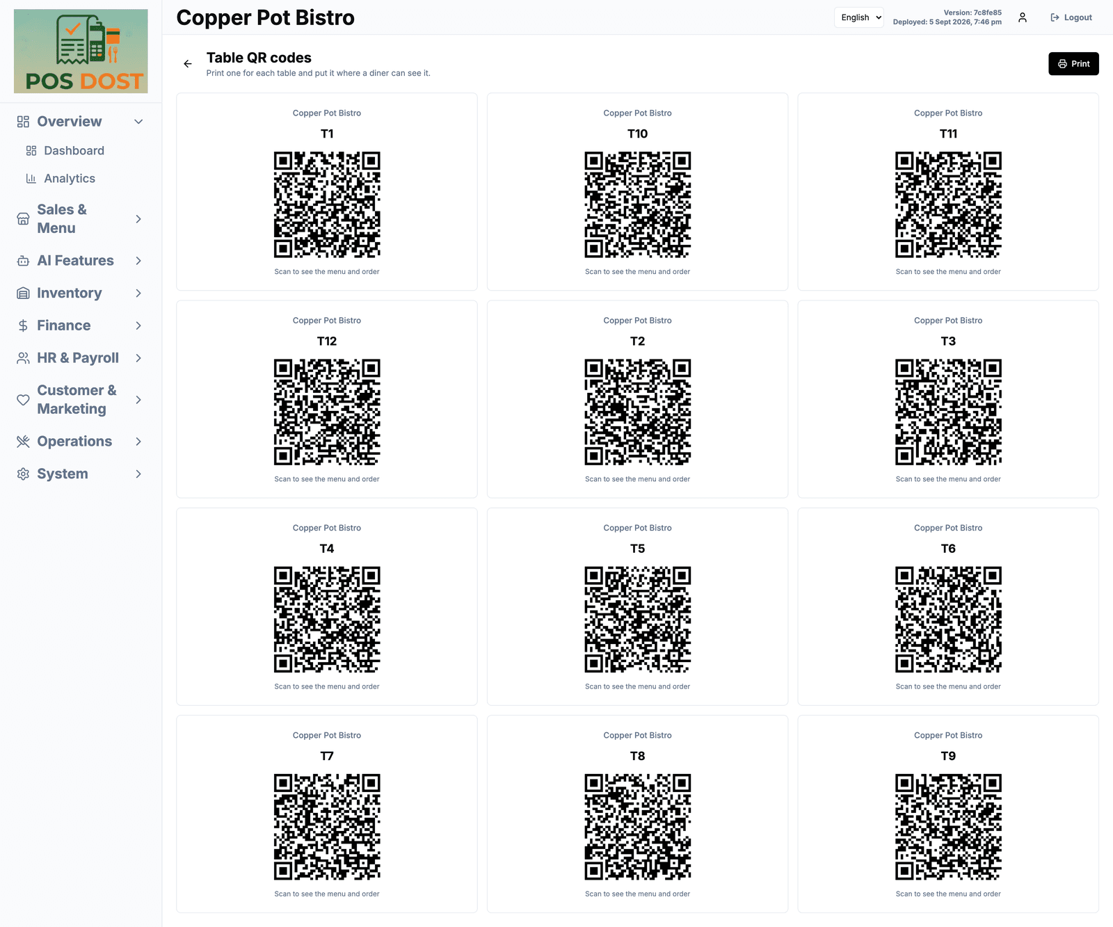 Table QR codes on Desktop