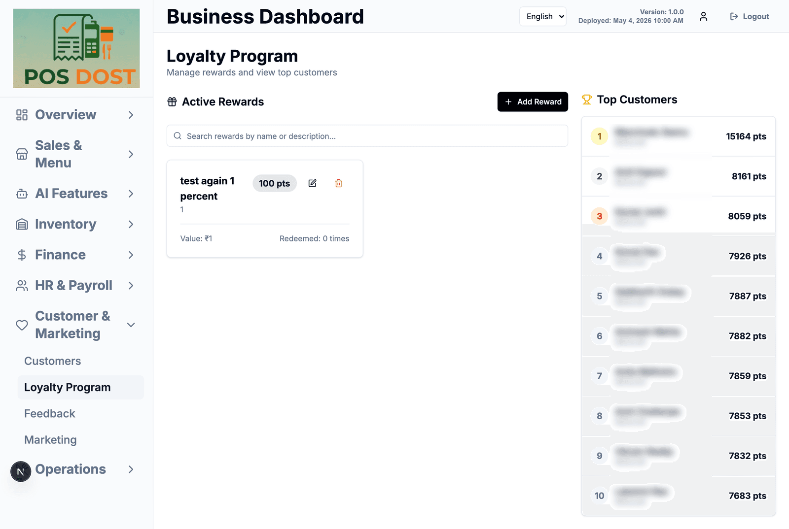 Loyalty rewards and a top customers list