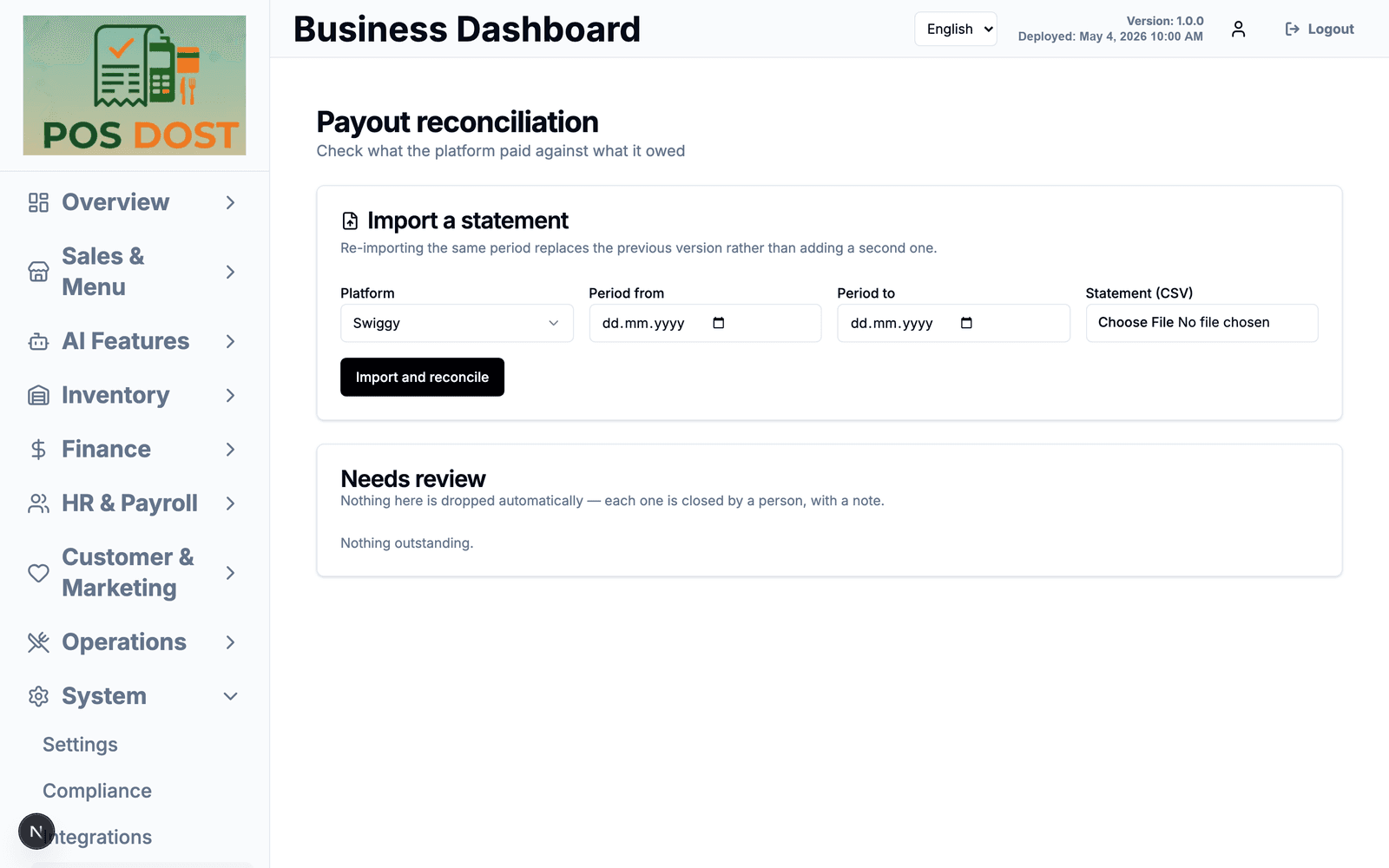 Payout reconciliation import screen